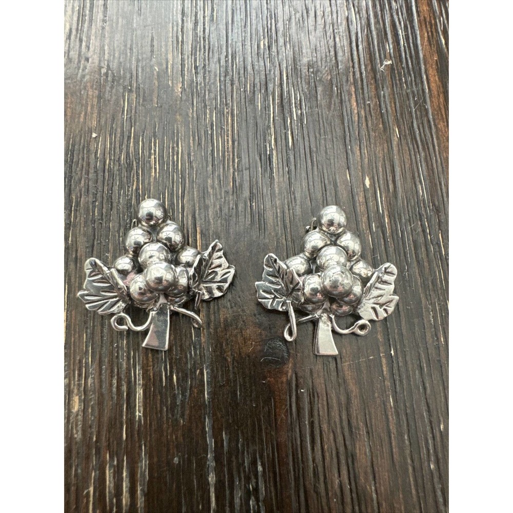 LARGE Vtg Solid Sterling Silver Grape Cluster Earrings Mexico TC-90 TAXCO Clip